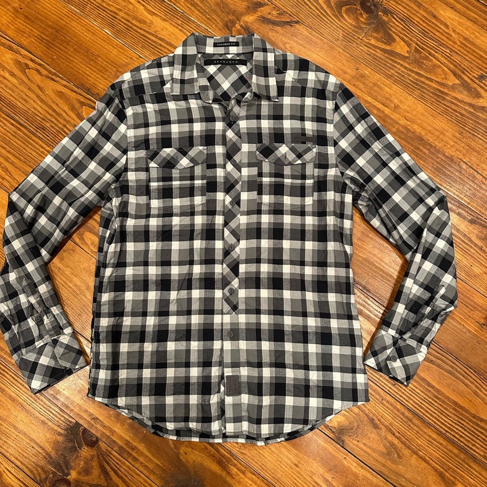 Men's Black and White Plaid Shirt